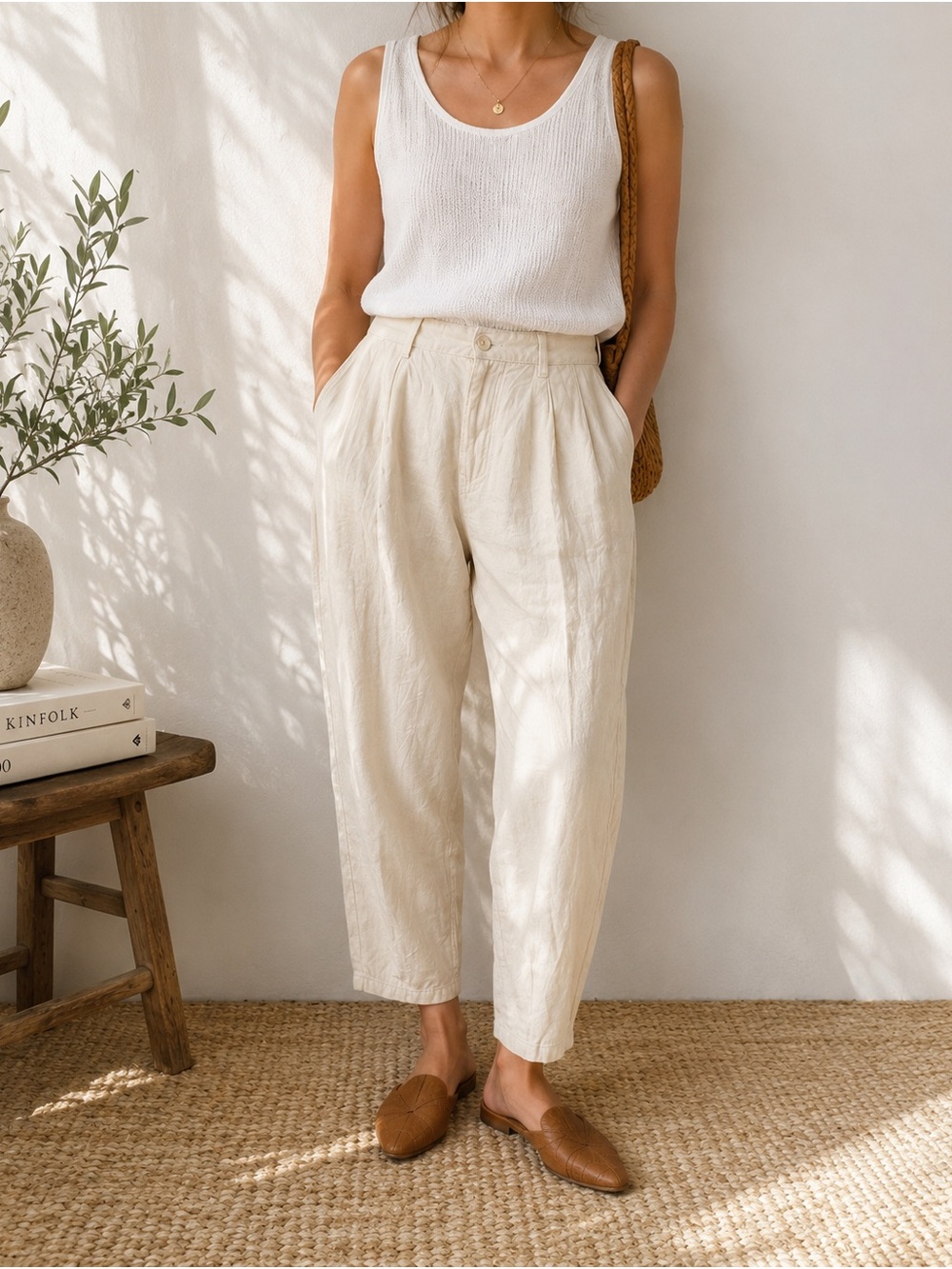 Bowen 100% Linen Pleated Trousers Natural Ecru Relaxed Cropped M
